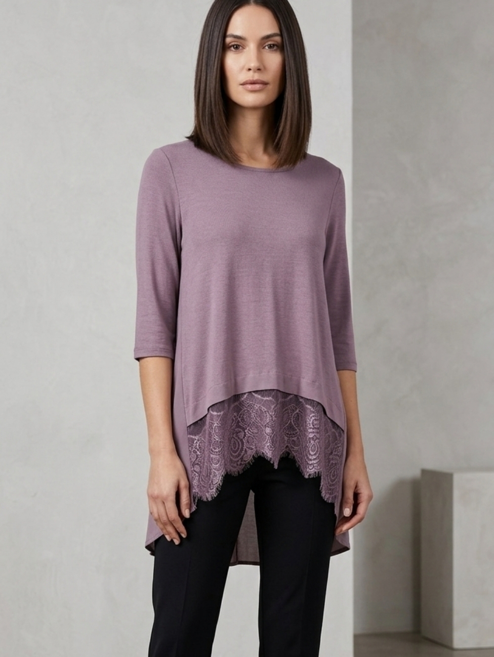 Chloe K. Women's lavender Blouse, Size S, zipper, lace detail, hi-low hem